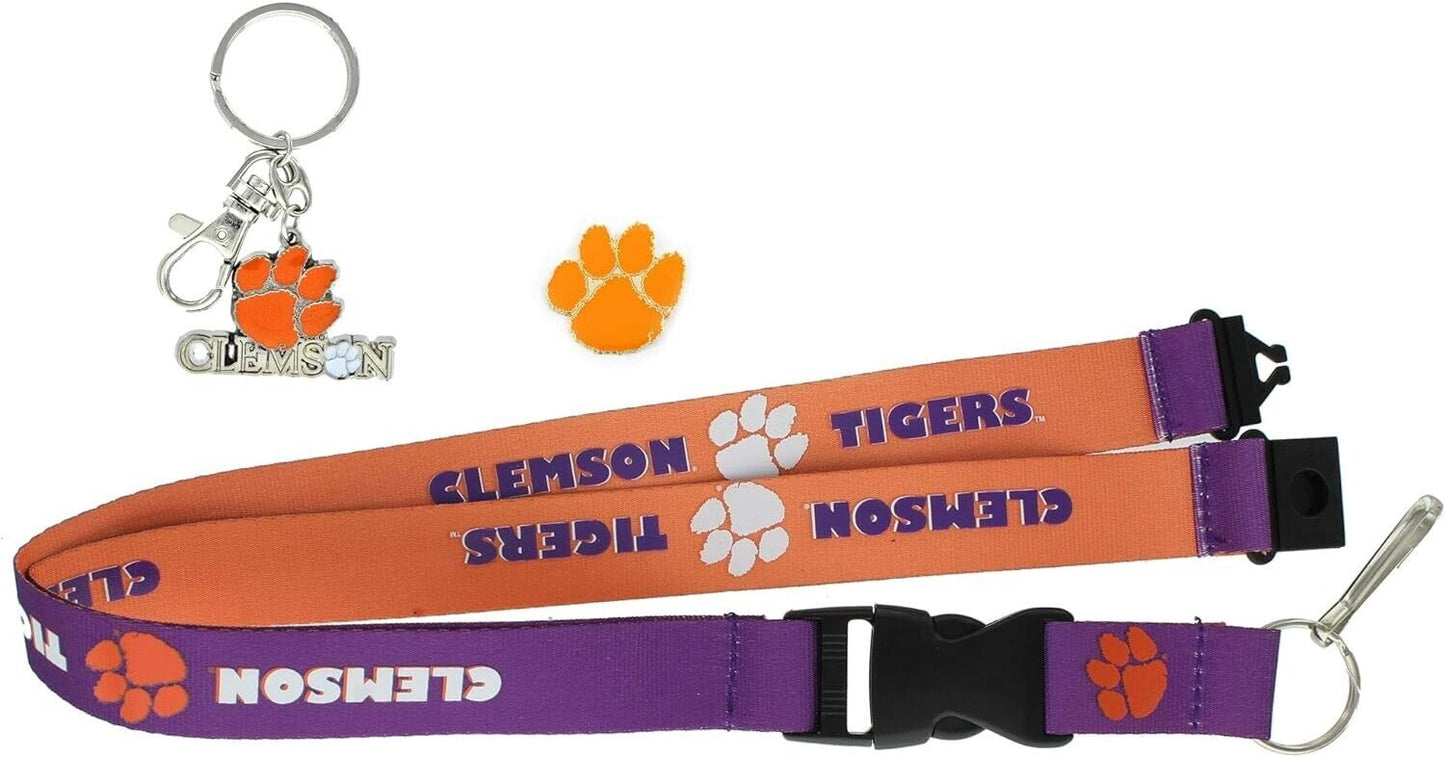 Clemson Tigers Reversible Lanyard, Logo Pin, Metal Keychain Gift Bundle