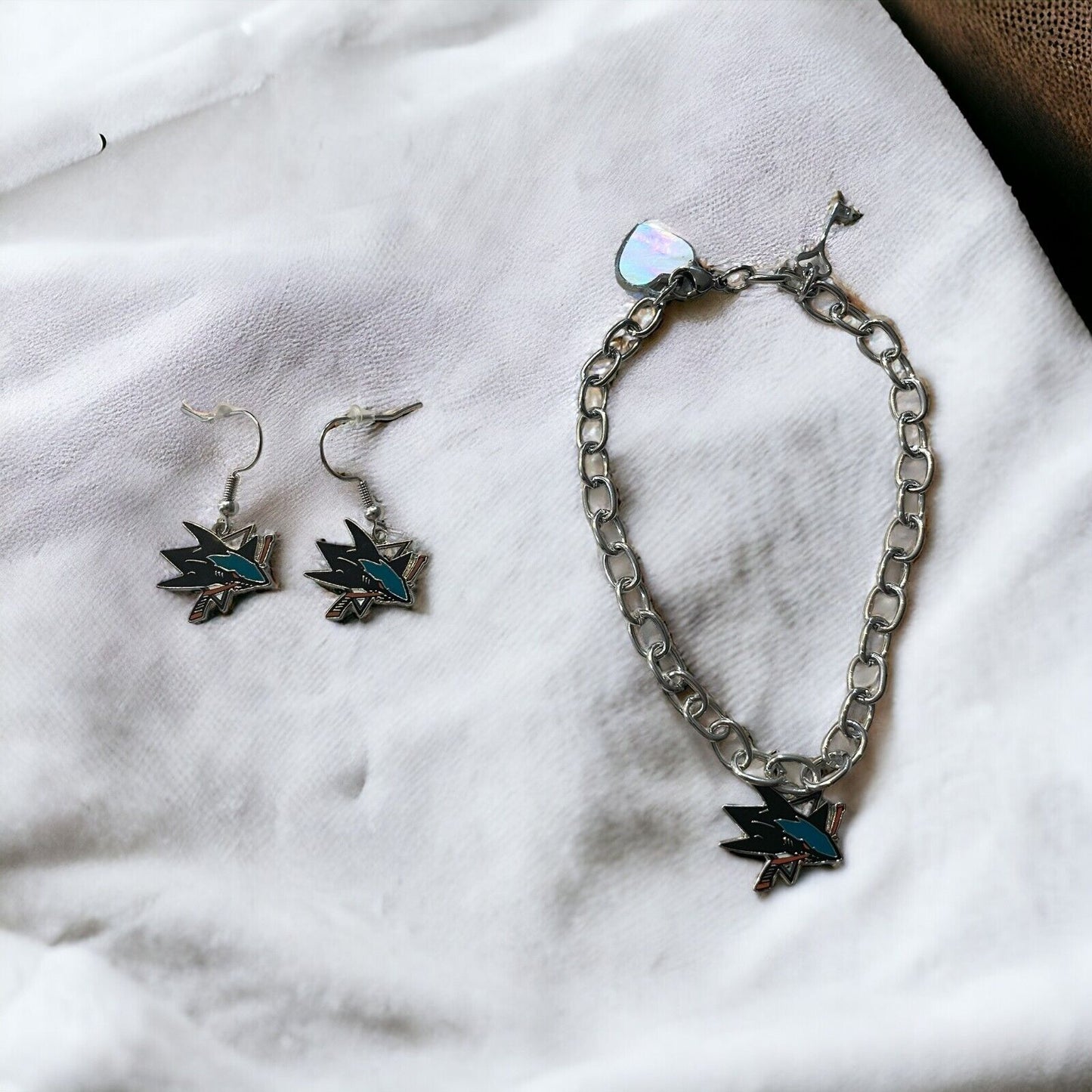 San Jose Sharks Bracelet and Dangle Earrings-Stainless Steel & Nickel Free