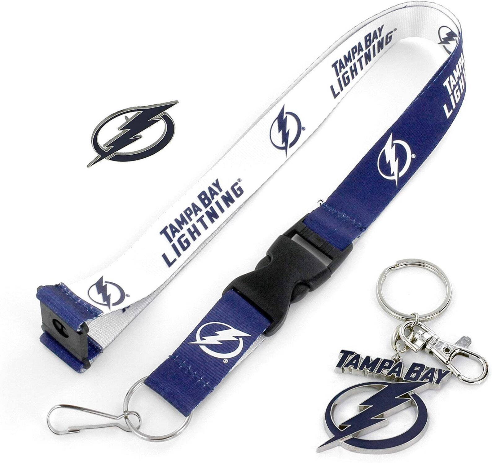 Tampa Bay Lightning Reversible Lanyard, Logo Pin, Metal Keychain Gift Bundle