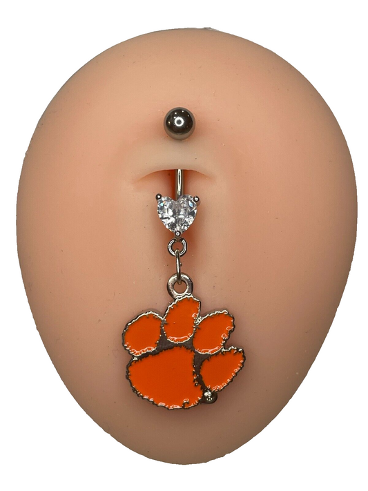 Clemson Tigers Heart Navel CZ Ring Belly Piercing - Hypoallergenic