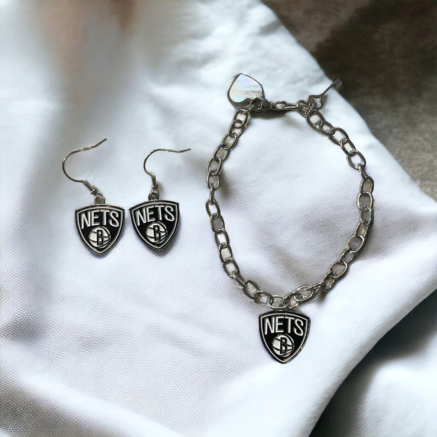 Brooklyn Nets Bracelet and Dangle Earrings-Stainless Steel & Nickel Free