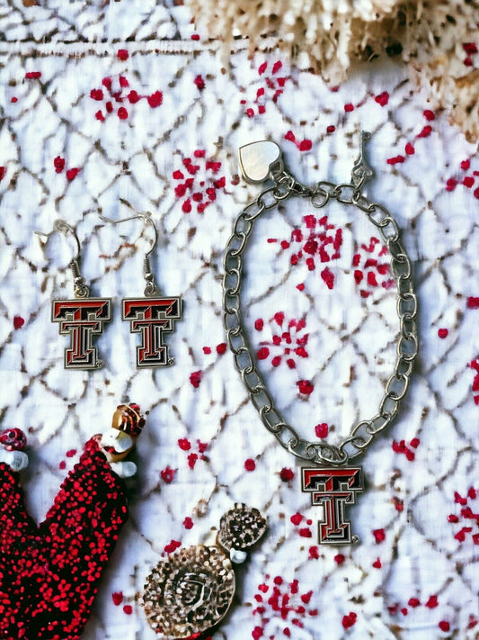 Texas Tech Red Raiders Bracelet and Dangle Earrings-Stainless Steel