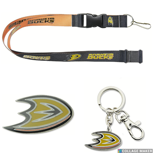 Anaheim Ducks Reversible Lanyard, Logo Pin, Metal Keychain Gift Bundle