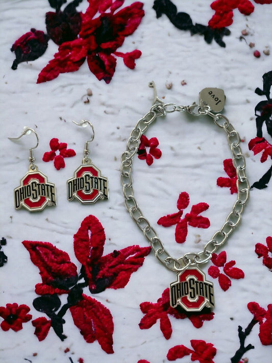 Ohio State Buckeyes Bracelet and Dangle Earrings-Stainless Steel