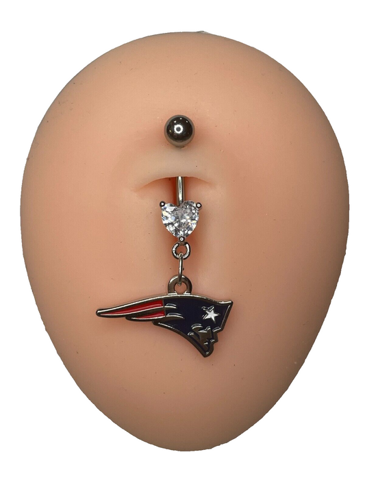 New England Patriots Heart Navel CZ Ring Belly Piercing - Hypoallergenic