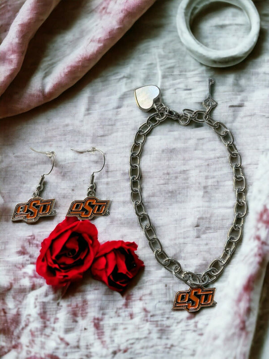 Oklahoma State Cowboys Bracelet and Dangle Earrings-Stainless Steel