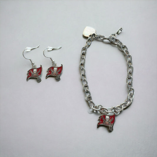 Tampa Bay Buccaneers Bracelet and Dangle Earrings-Stainless Steel & Nickel Free