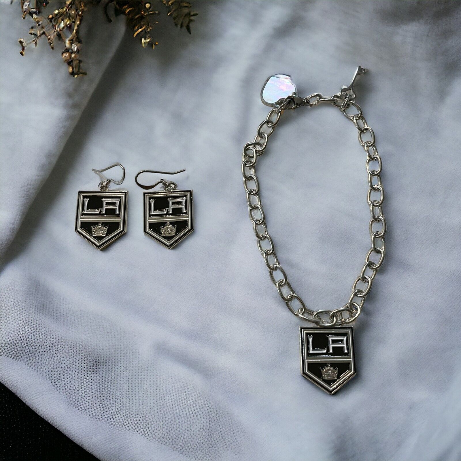 Los Angeles Kings Bracelet and Dangle Earrings-Stainless Steel & Nickel Free