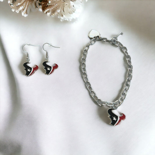 Houston Texans Bracelet and Dangle Earrings-Stainless Steel & Nickel Free