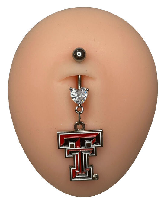 Texas Tech Red Raiders Heart Navel CZ Ring Belly Piercing - Hypoallergenic