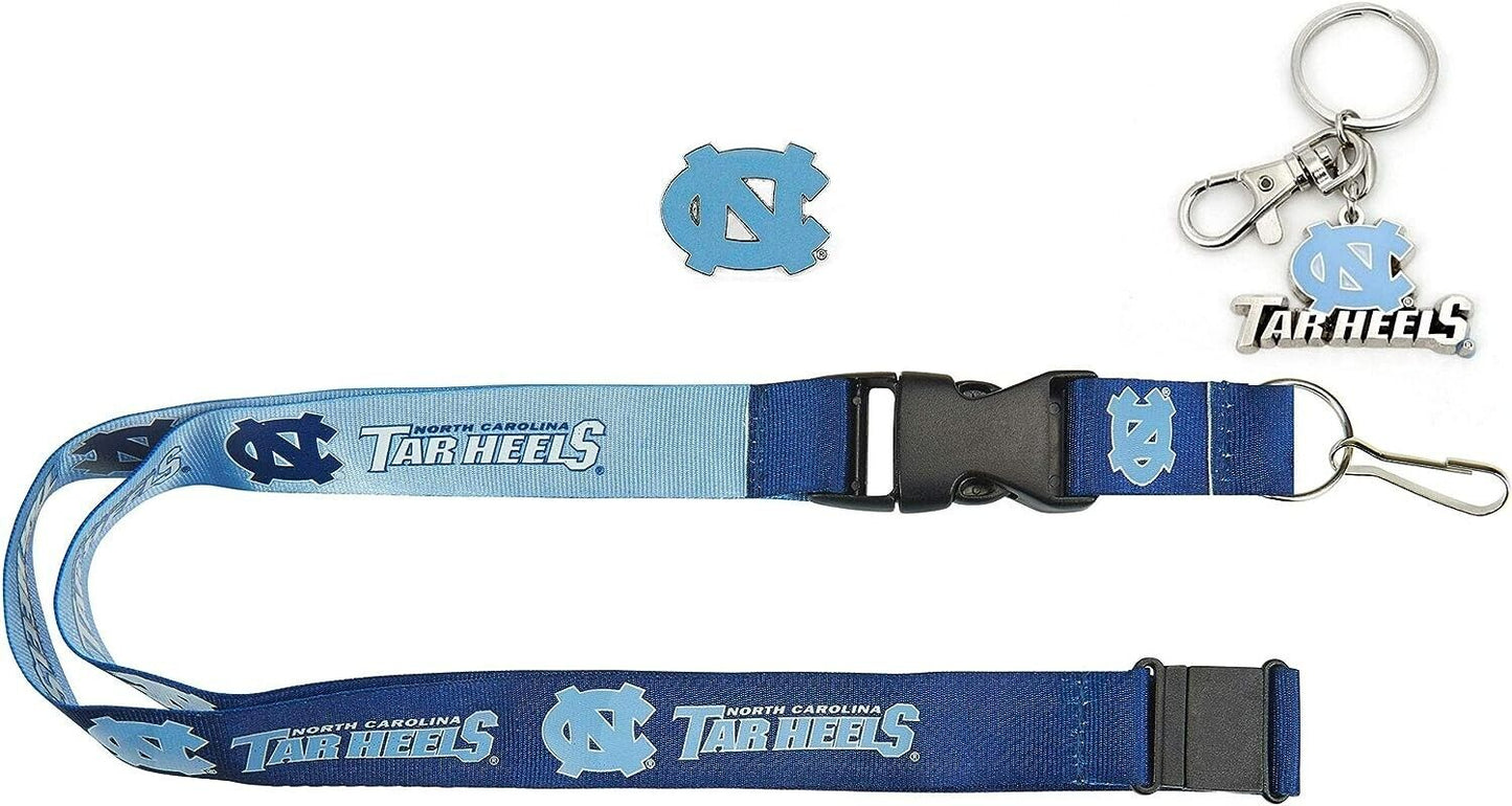 North Carolina Tar Heels Reversible Lanyard Logo Pin, Metal Keychain Gift Bundle