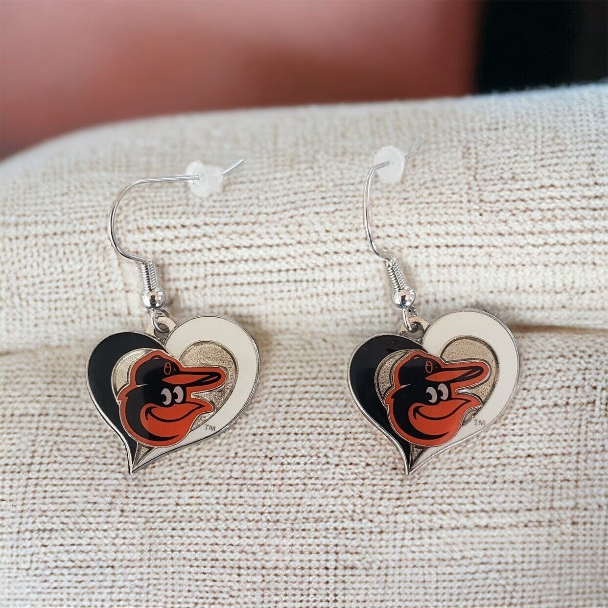 Baltimore Orioles Glitter Sparkle Heart Earrings Nickel Free