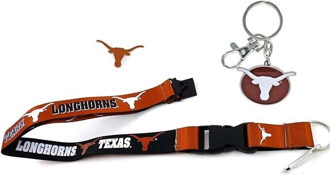 Texas Longhorns Reversible Lanyard Logo Pin, Metal Keychain Gift Bundle