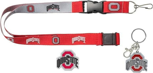 Ohio State Buckeyes Reversible Lanyard, Logo Pin, Metal Keychain Gift Bundle