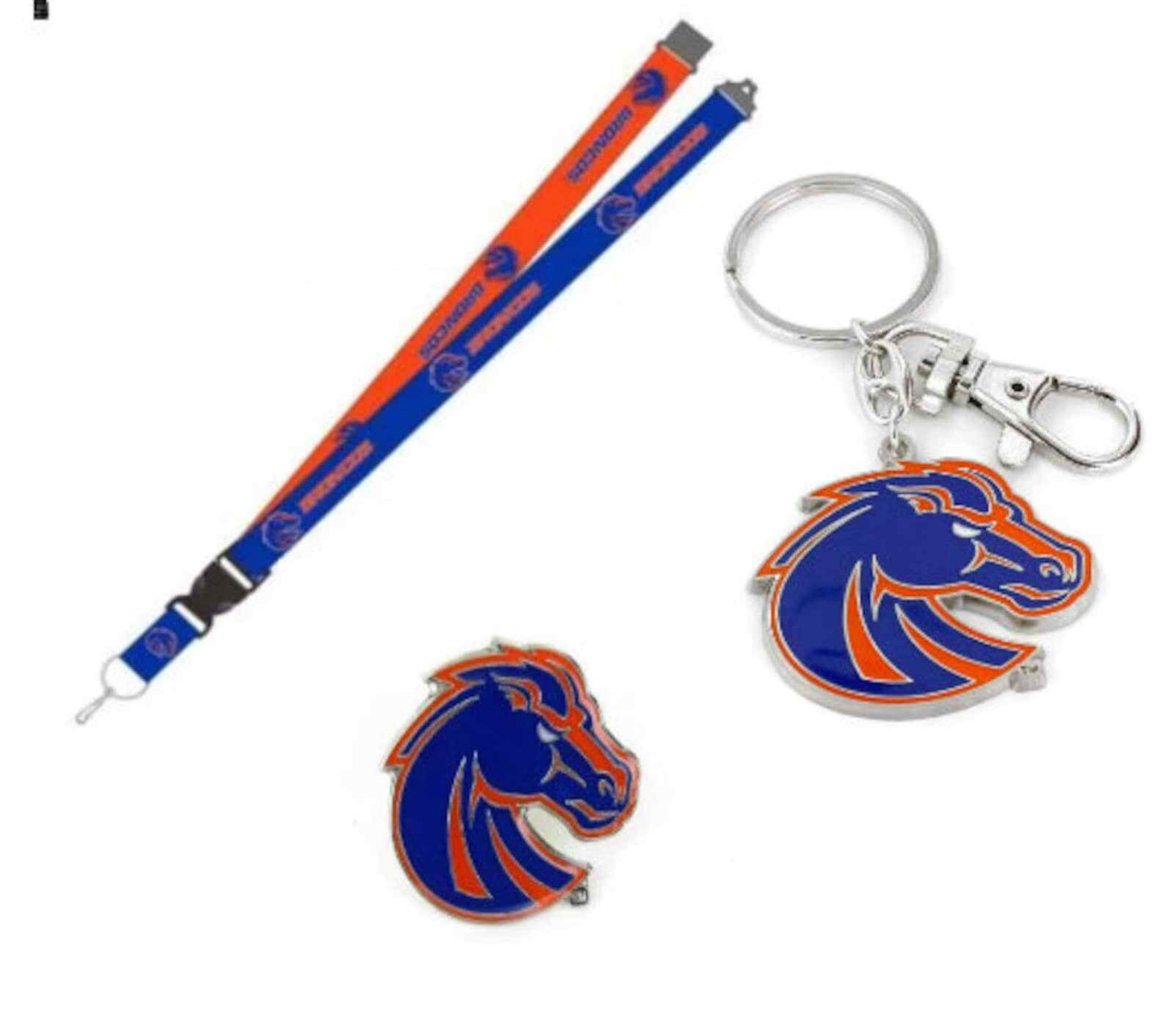 Boise State Broncos Reversible Lanyard, Logo Pin, Metal Keychain Gift Bundle