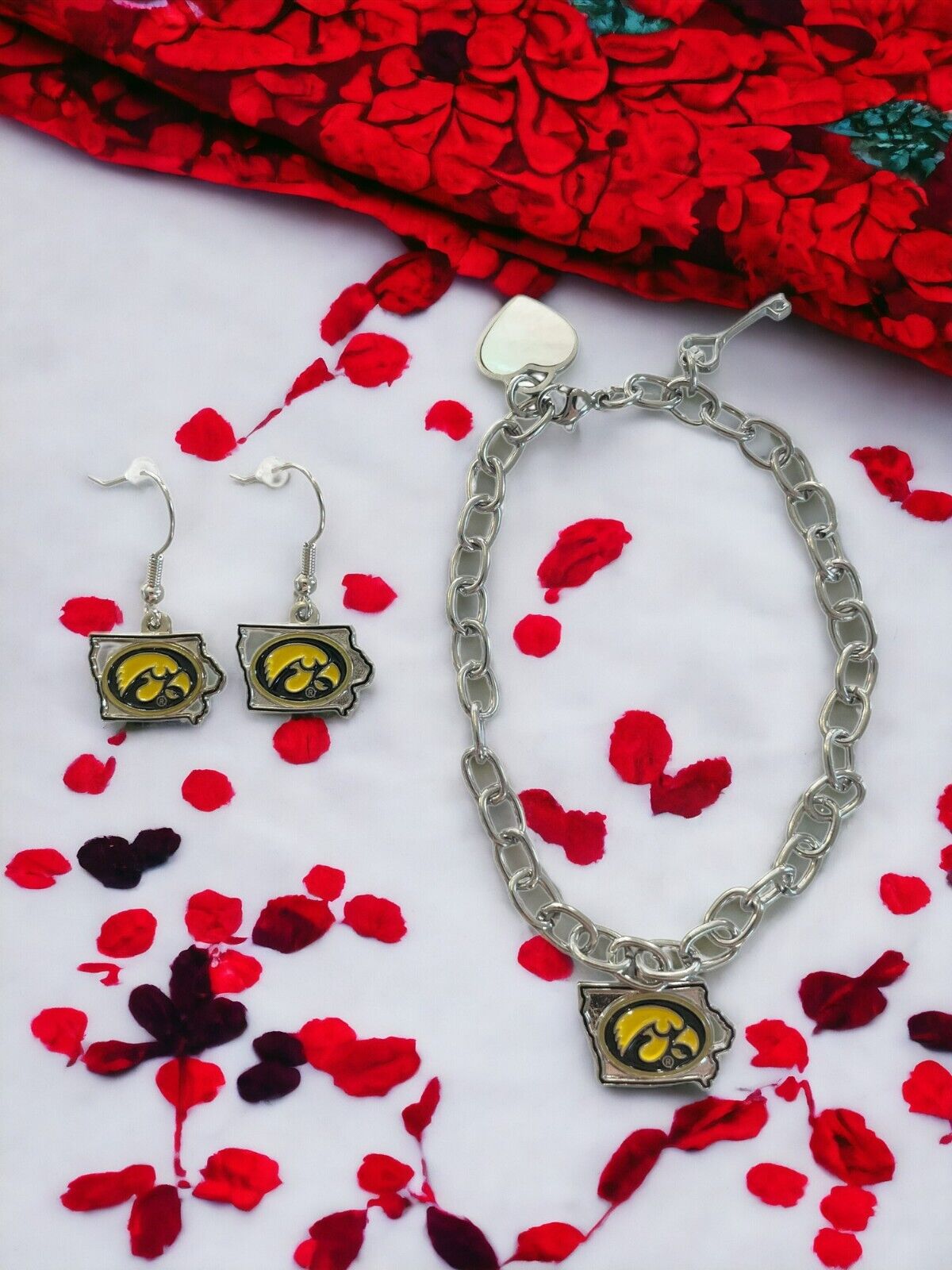 Iowa Hawkeyes State Design Bracelet and Dangle Earrings - Stainless Steel