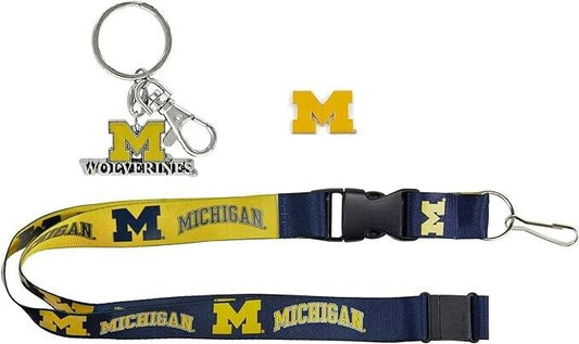 Michigan Wolverines Reversible Lanyard Logo Pin, Metal Keychain Gift Bundle