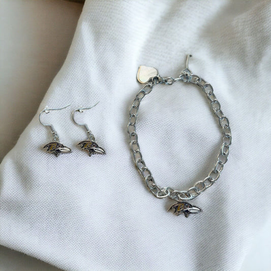 Baltimore Ravens Bracelet and Dangle Earrings-Stainless Steel & Nickel Free