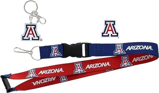 Arizona Wildcats Reversible Lanyard, Logo Pin, Metal Keychain Gift Bundle