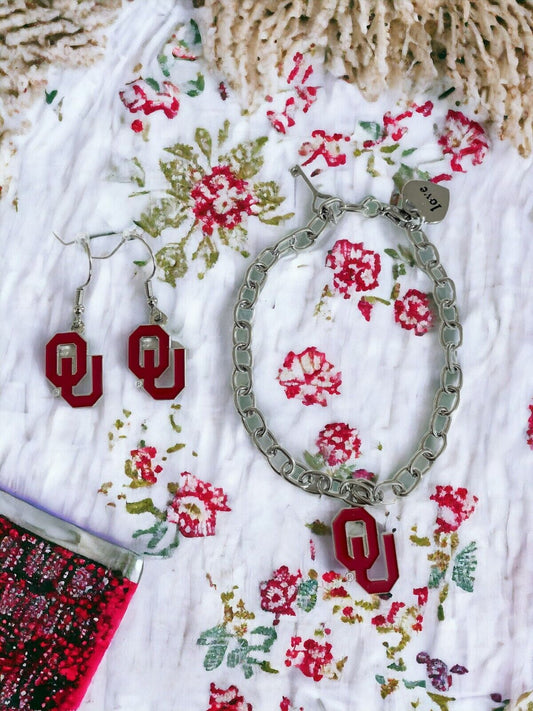 Oklahoma Sooners Bracelet and Dangle Earrings-Stainless Steel