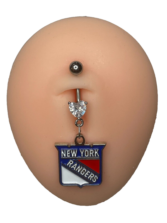 New York Rangers Heart Navel CZ Ring Belly Piercing - Hypoallergenic