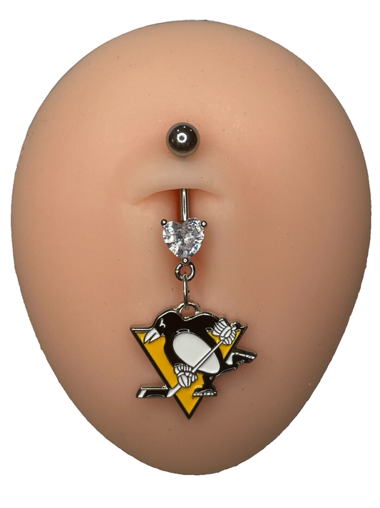 Pittsburgh Penguins Heart Navel CZ Ring Belly Piercing - Hypoallergenic