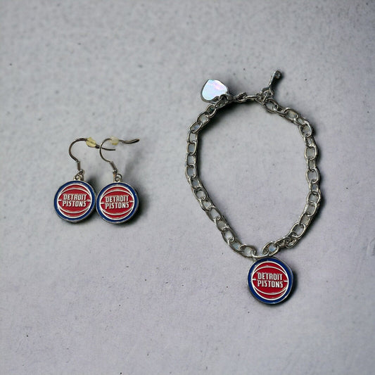 Detroit Pistons Bracelet and Dangle Earrings-Stainless Steel