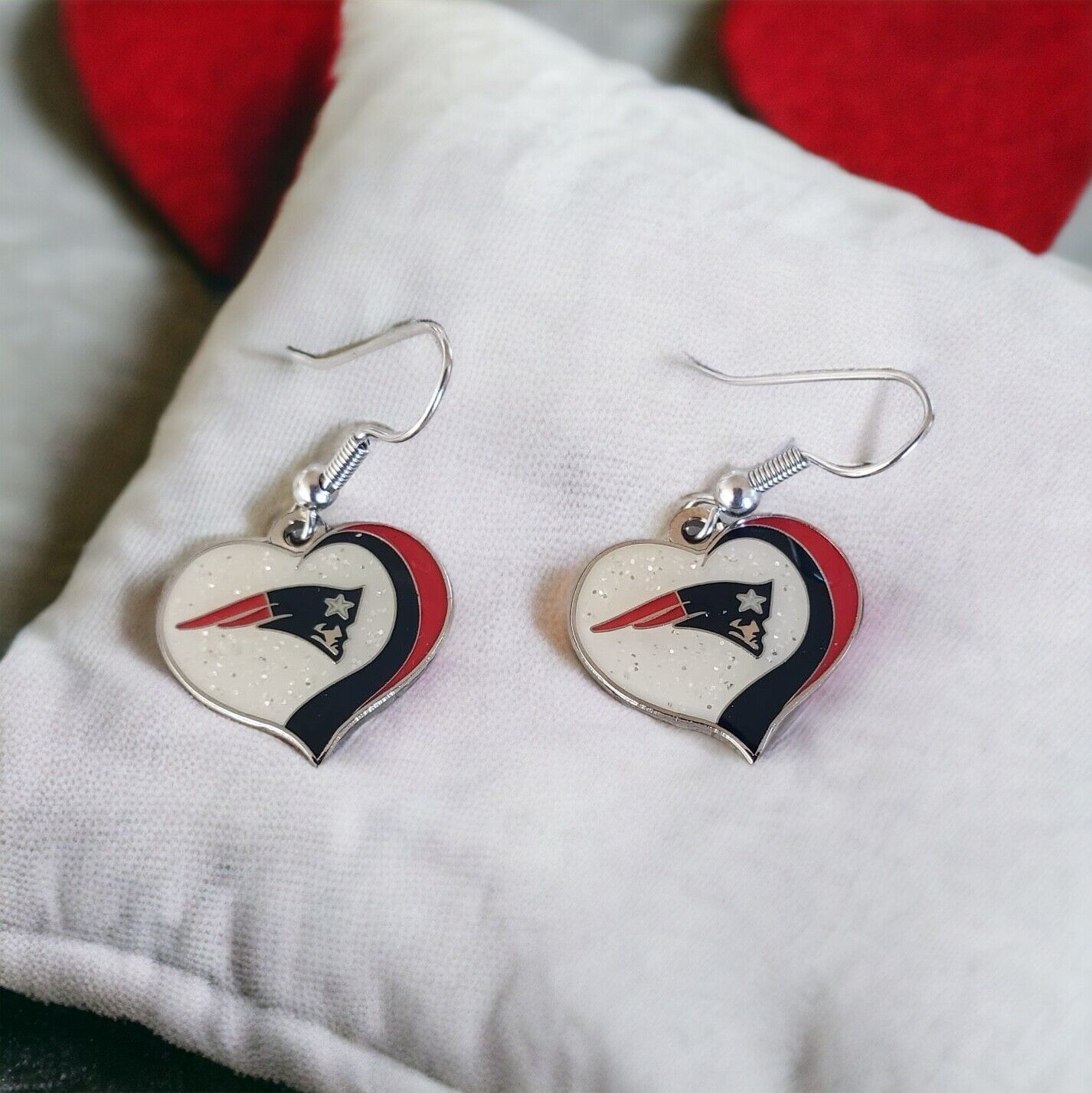 New England Patriots Glitter Sparkle Heart Earrings  Nickel Free