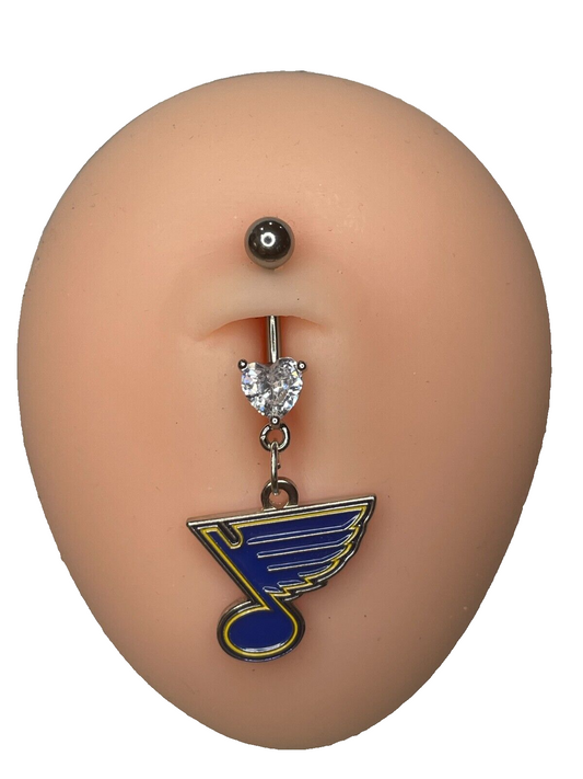 St. Louis Blues Heart Navel CZ Ring Belly Piercing - Hypoallergenic