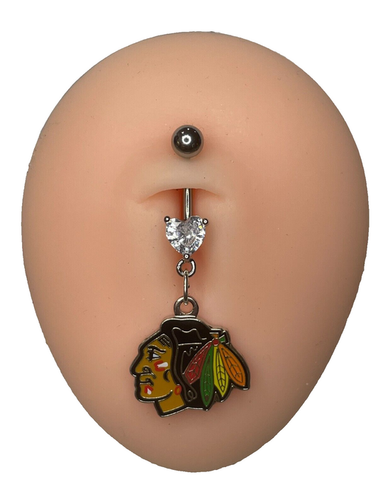 Chicago Blackhawks Heart Navel CZ Ring Belly Piercing - Hypoallergenic