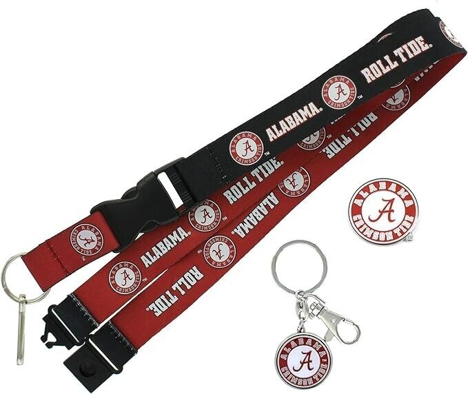 Alabama Crimson Tide Reversible Lanyard, Logo Pin, Metal Keychain Gift Bundle