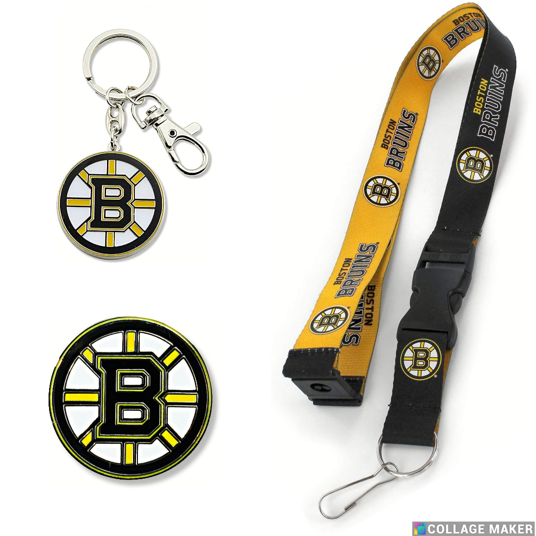 Boston Bruins Reversible Lanyard, Logo Pin, Metal Keychain Gift Bundle