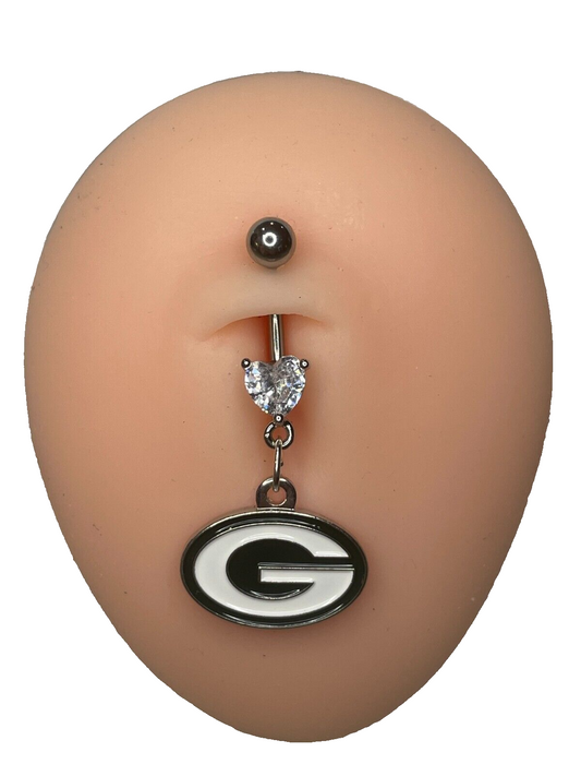 Green Bay Packers Heart Navel CZ Ring Belly Piercing - Hypoallergenic