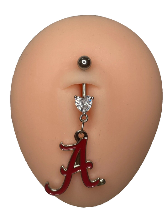 Alabama Crimson Tide Heart Navel CZ Ring Belly Piercing - Hypoallergenic