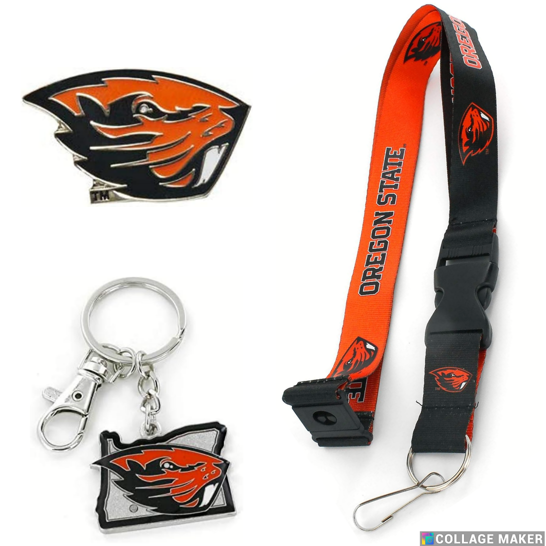 Oregon State Beavers Reversible Lanyard Logo Pin, Metal Keychain Gift Bundle