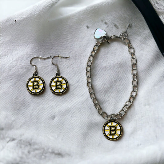 Boston Bruins Bracelet and Dangle Earrings-Stainless Steel & Nickel Free