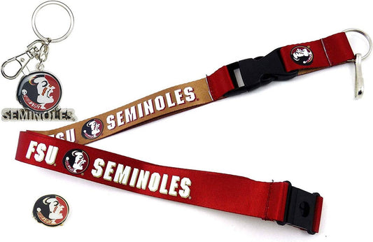 Florida State Seminoles Reversible Lanyard, Logo Pin, Metal Keychain Gift Bundle