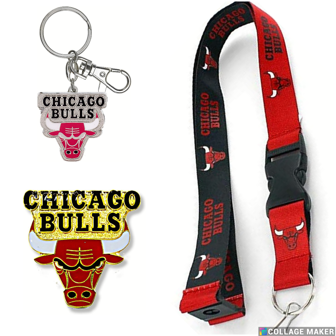 Chicago Bulls Reversible Lanyard Logo Pin, Metal Keychain Gift Bundle