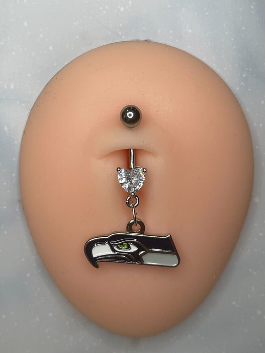 Seattle Seahawks Heart Navel CZ Ring Belly Piercing - Hypoallergenic