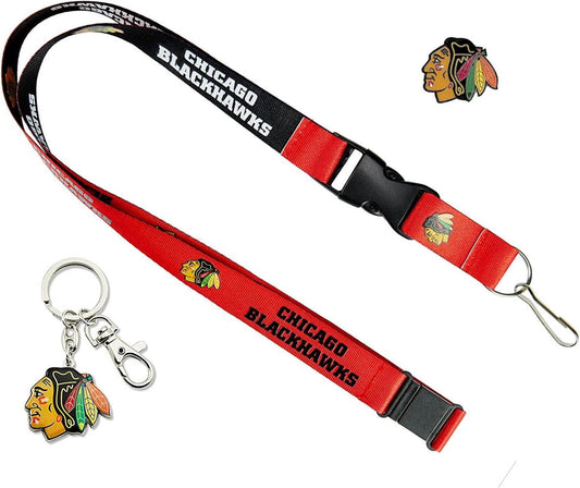 Chicago Blackhawks Reversible Lanyard, Logo Pin, Metal Keychain Gift Bundle