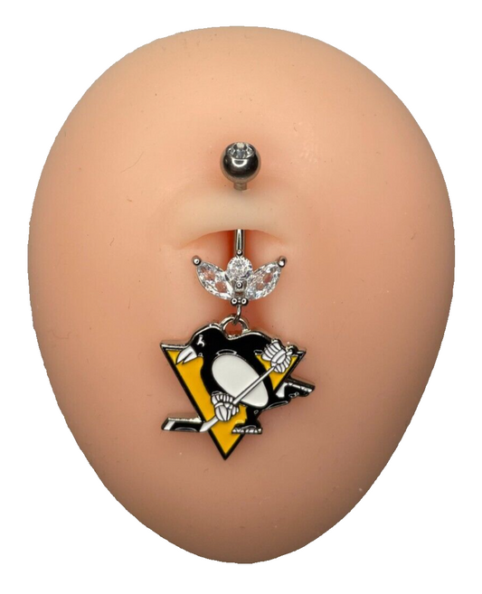 Pittsburgh Penguins Steel Ring Marquise CZ Sprout Belly Piercing -Hypoallergenic