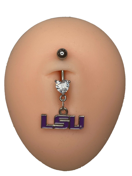 LSU Tigers Heart Navel CZ Ring Belly Piercing - Hypoallergenic