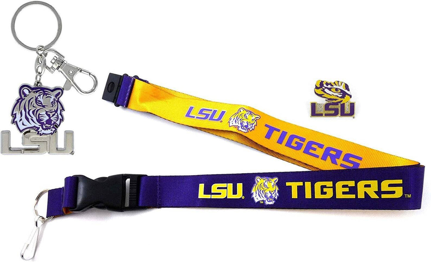 LSU Tigers Reversible Lanyard, Logo Pin, Metal Keychain Bundle