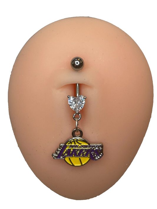 Los Angeles Lakers Heart Navel CZ Ring Belly Piercing - Hypoallergenic