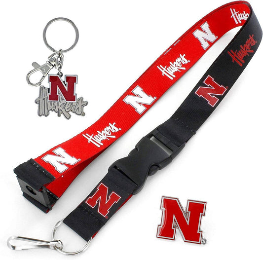 Nebraska Cornhuskers Reversible Lanyard, Logo Pin, Metal Keychain Gift Bundle