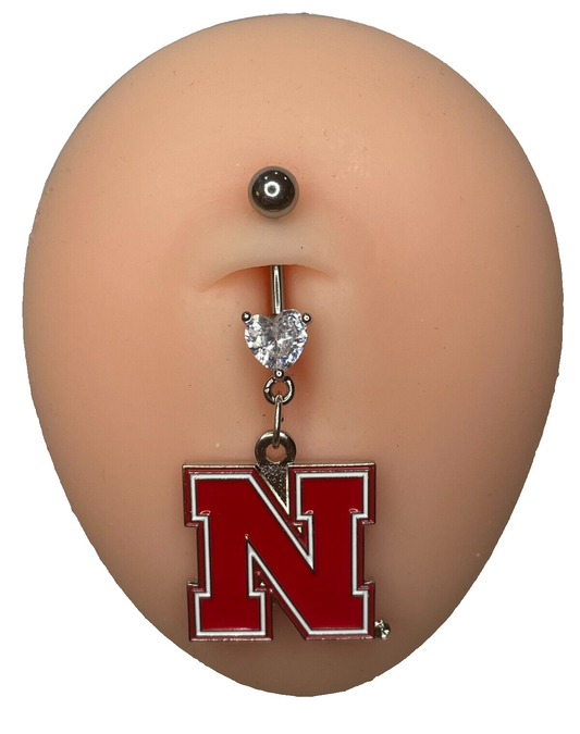 Nebraska Cornhuskers Heart Navel CZ Ring Belly Piercing - Hypoallergenic